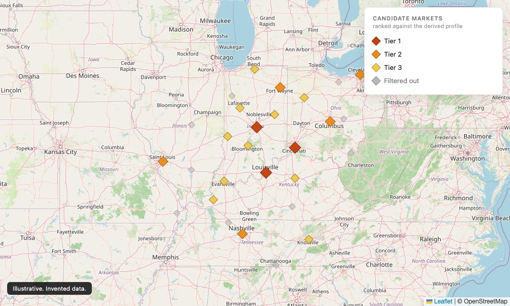 A map with candidate markets marked as tier one, two and three, and others greyed out as filtered.